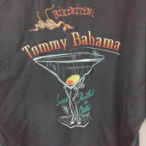 Tommy Bahama Silk Shirt Mens XL Black Embroidered Bikinitini Retro - Picture 6 of 6